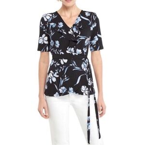 The Limited Navy Floral Print V-Neck Short Sleeve Wrap Top Size Small